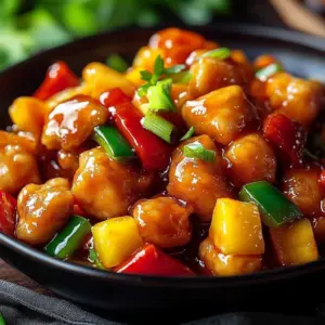 Plate of Sweet and Sour Chinese Chicken with colorful vegetables.