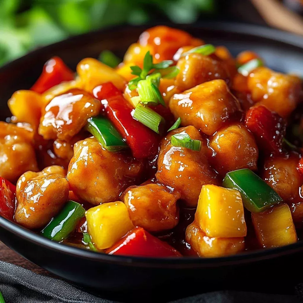 Plate of Sweet and Sour Chinese Chicken with colorful vegetables.