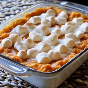 Delicious Sweet Potato Marshmallow Casserole served in a baking dish.