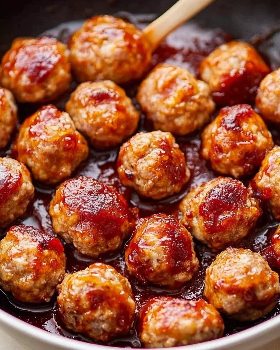 Tangy cranberry turkey meatballs served on a plate with sauce and herbs.