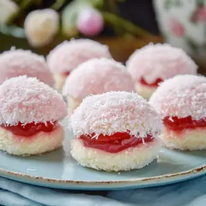 Vanilla sponge cakes topped with vibrant strawberry jelly, a delicious dessert