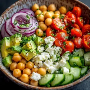 Vibrant chickpea feta avocado bowl with fresh ingredients and colorful presentation