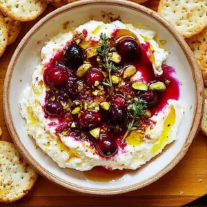 Creamy whipped feta dip with cranberries served in a bowl, garnished with herbs.